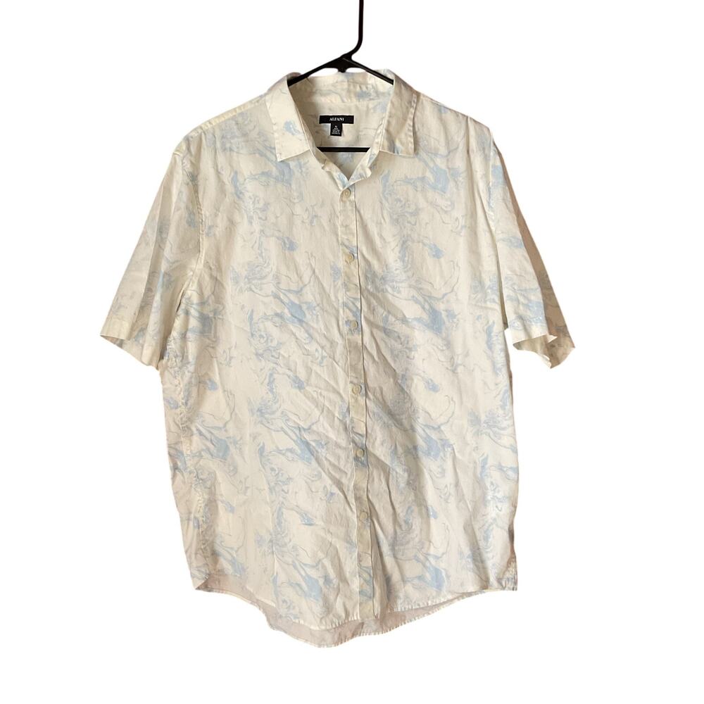 Alfani Men’s XL Blue Marble Print Button Front Short Sleeve Cotton Shirt White
